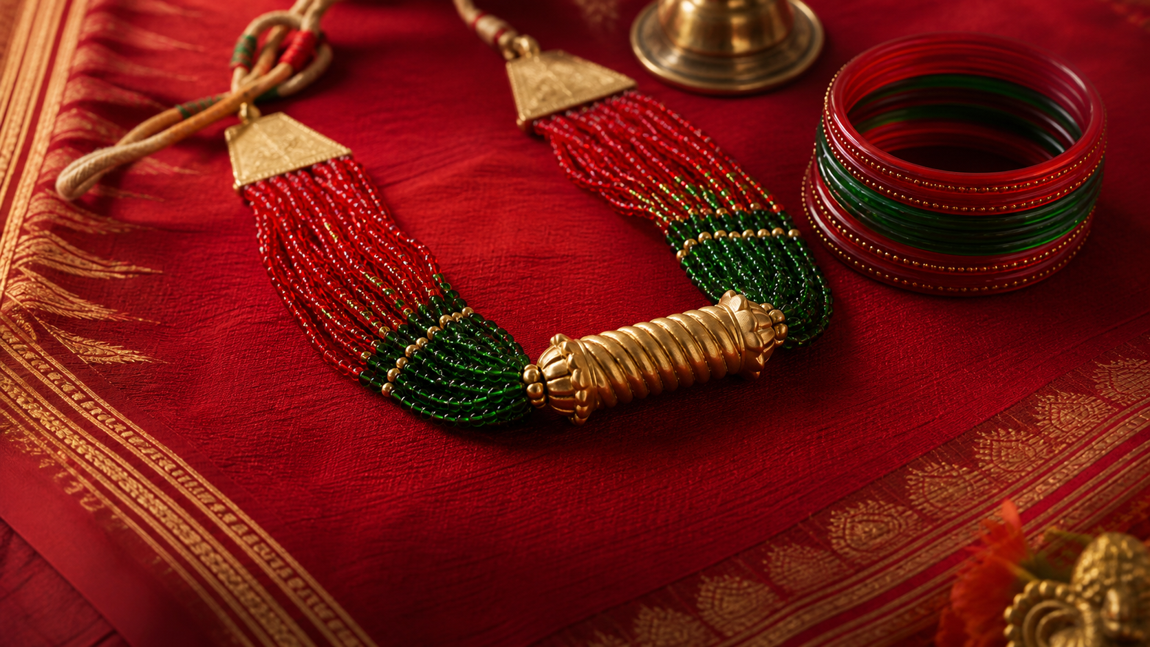 Red and green Nepali potey, a gold Tilhari and glass chura arranged for Teej