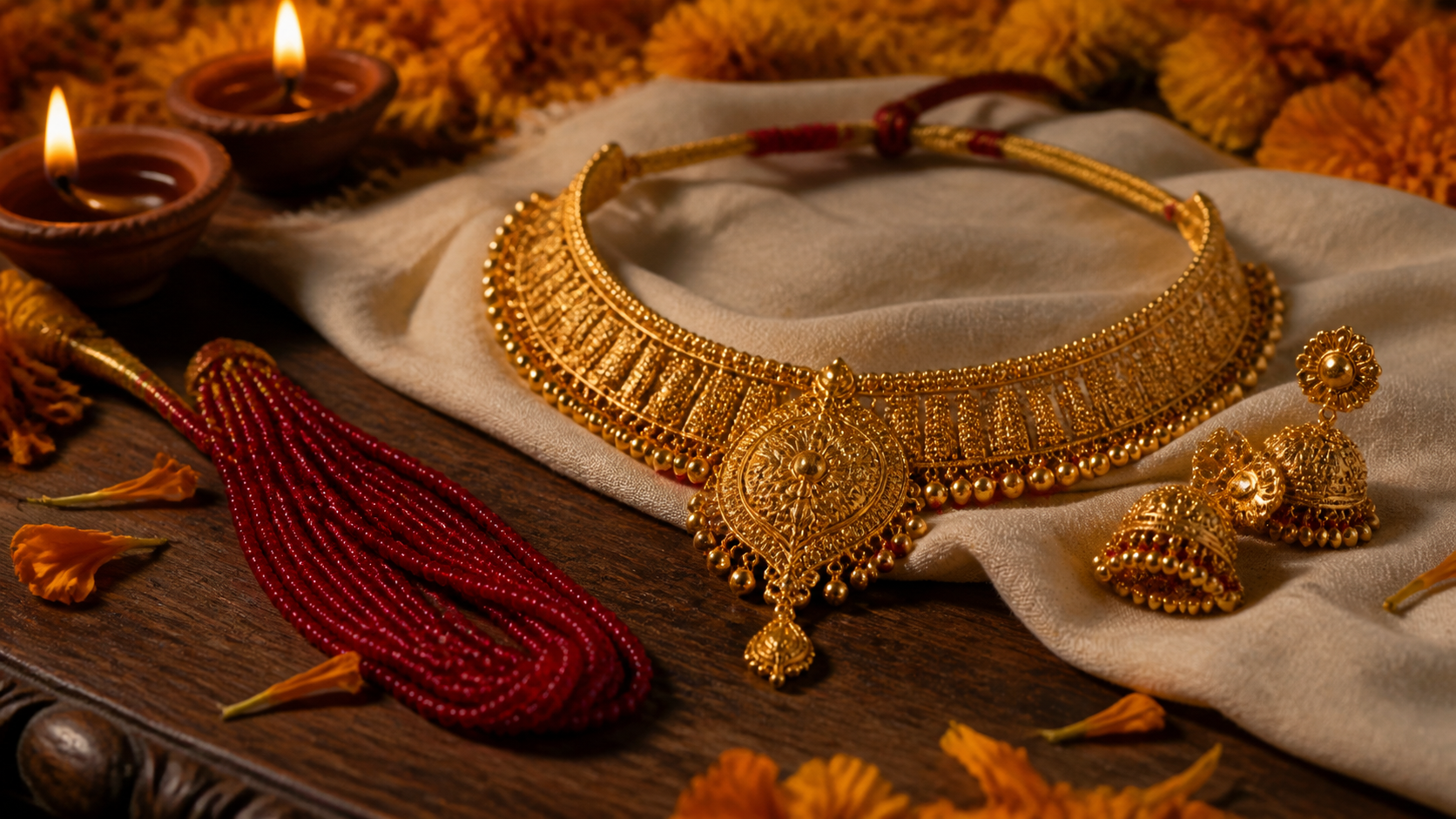 Nepali gold necklace, jhumka and red potey glowing beside Tihar diyas and marigolds