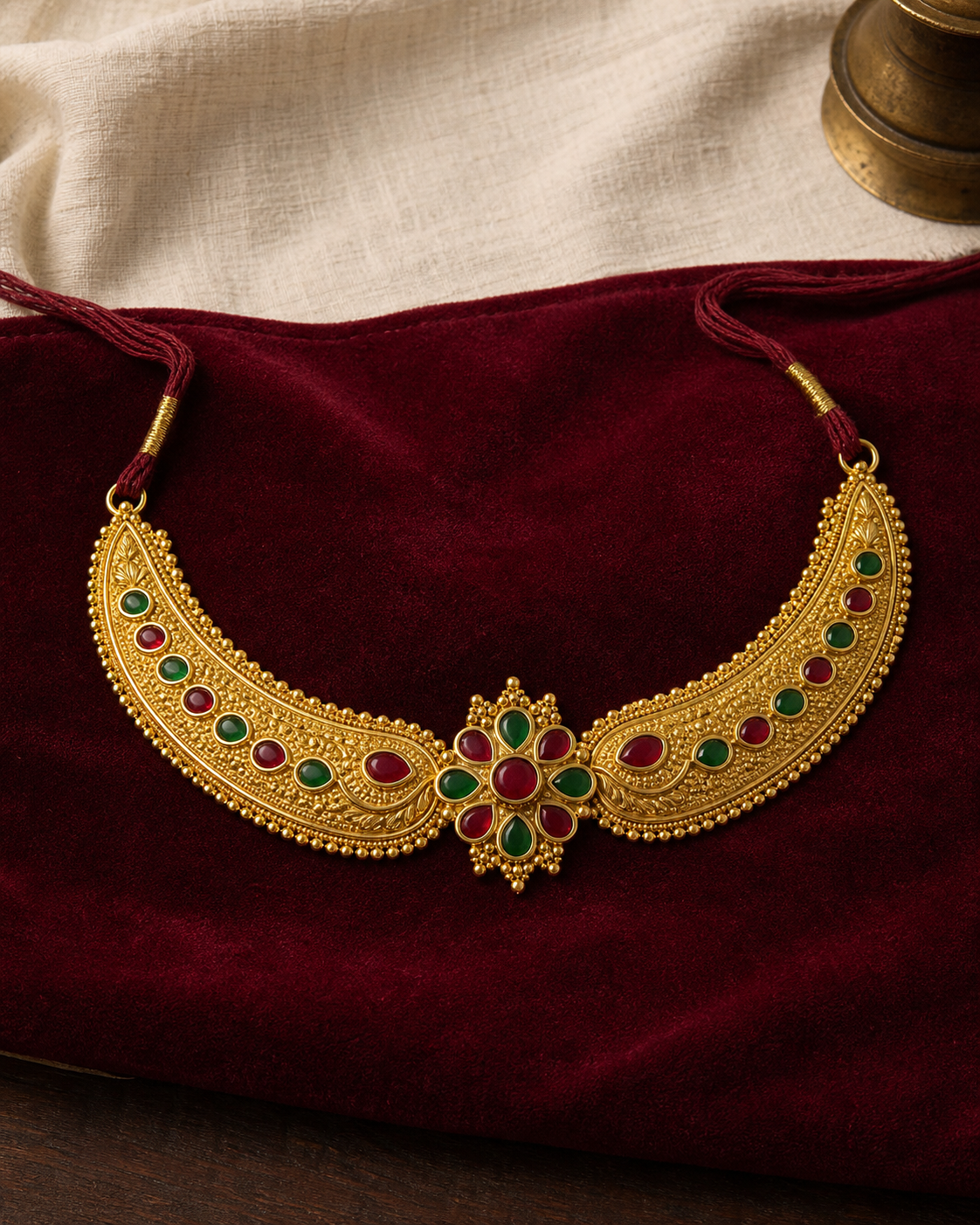 Gold-plated crescent Sirbandi head ornament set with red and green stones
