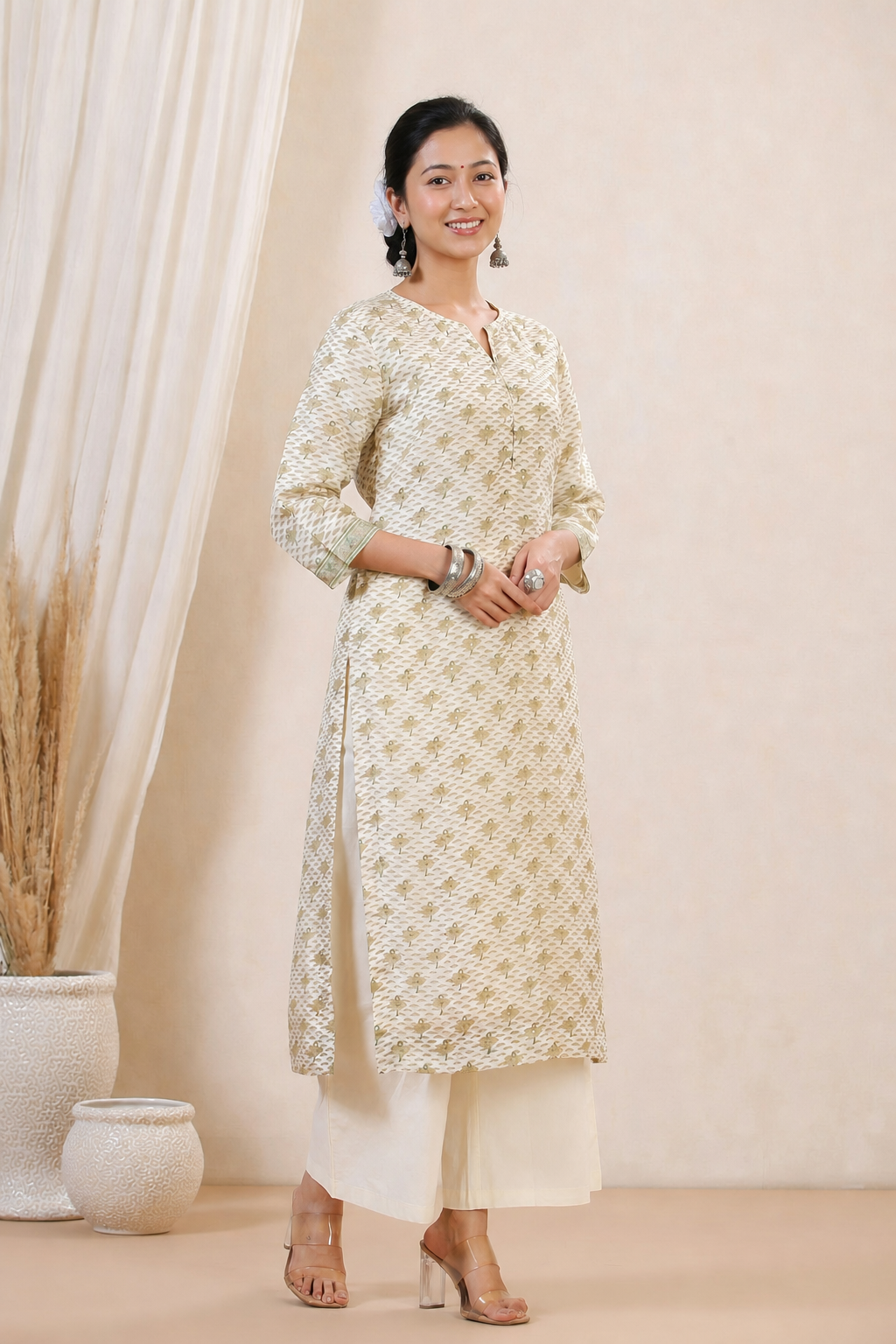 Nepali woman wearing an ivory and gold printed kurta suruwal set