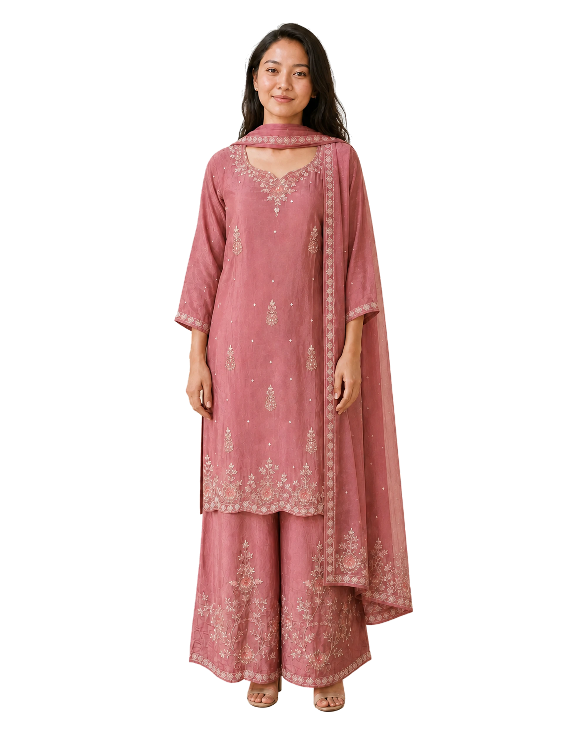 Dusty Rose Embroidered Set shown in the fitting-room preview