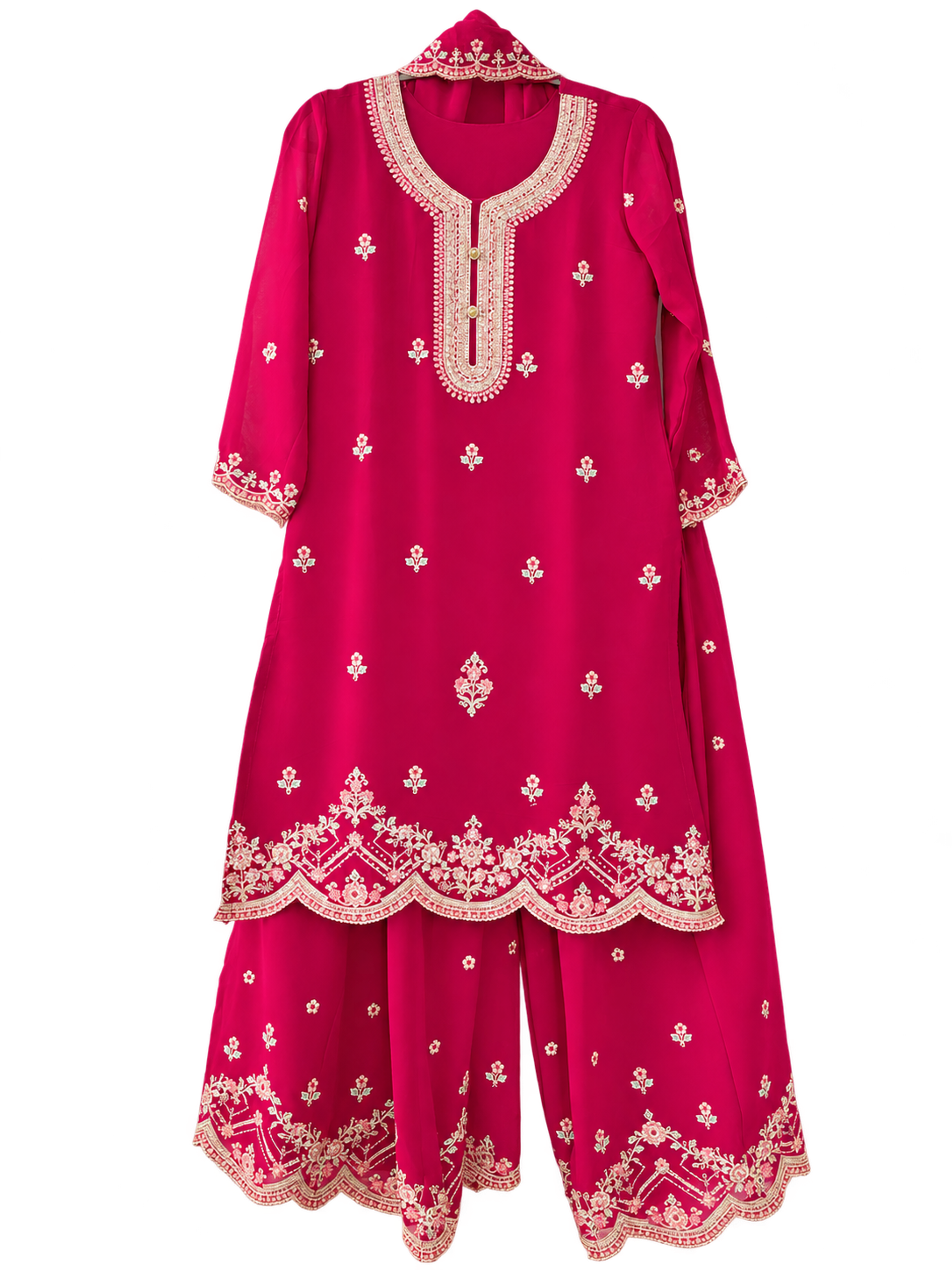 A fuchsia kurta suruwal with pink and green floral embroidery, wide-leg trousers and a sheer dupatta.