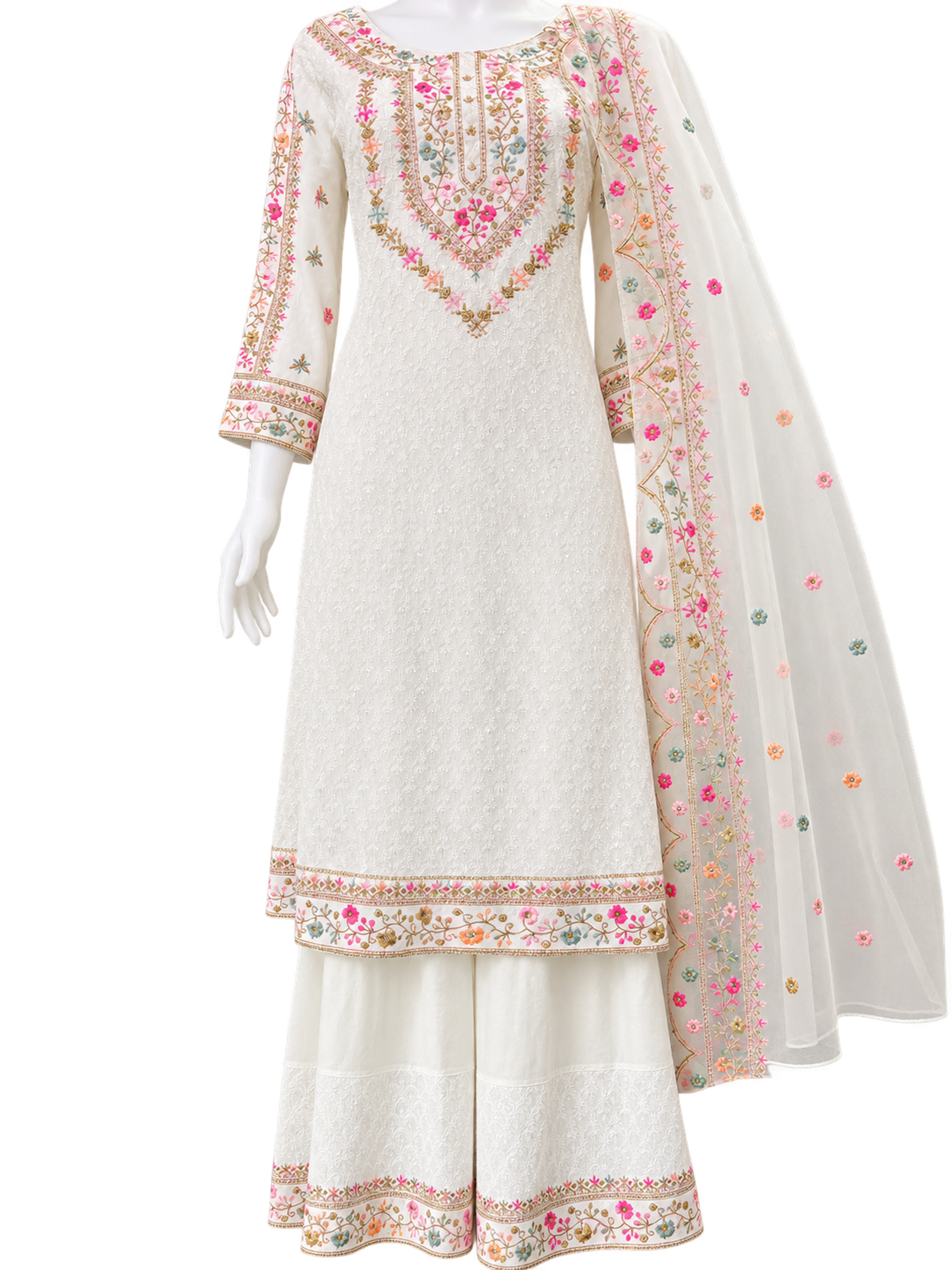 An ivory floral kurta with flared sharara trousers and a sheer dupatta with multicolour embroidered borders.