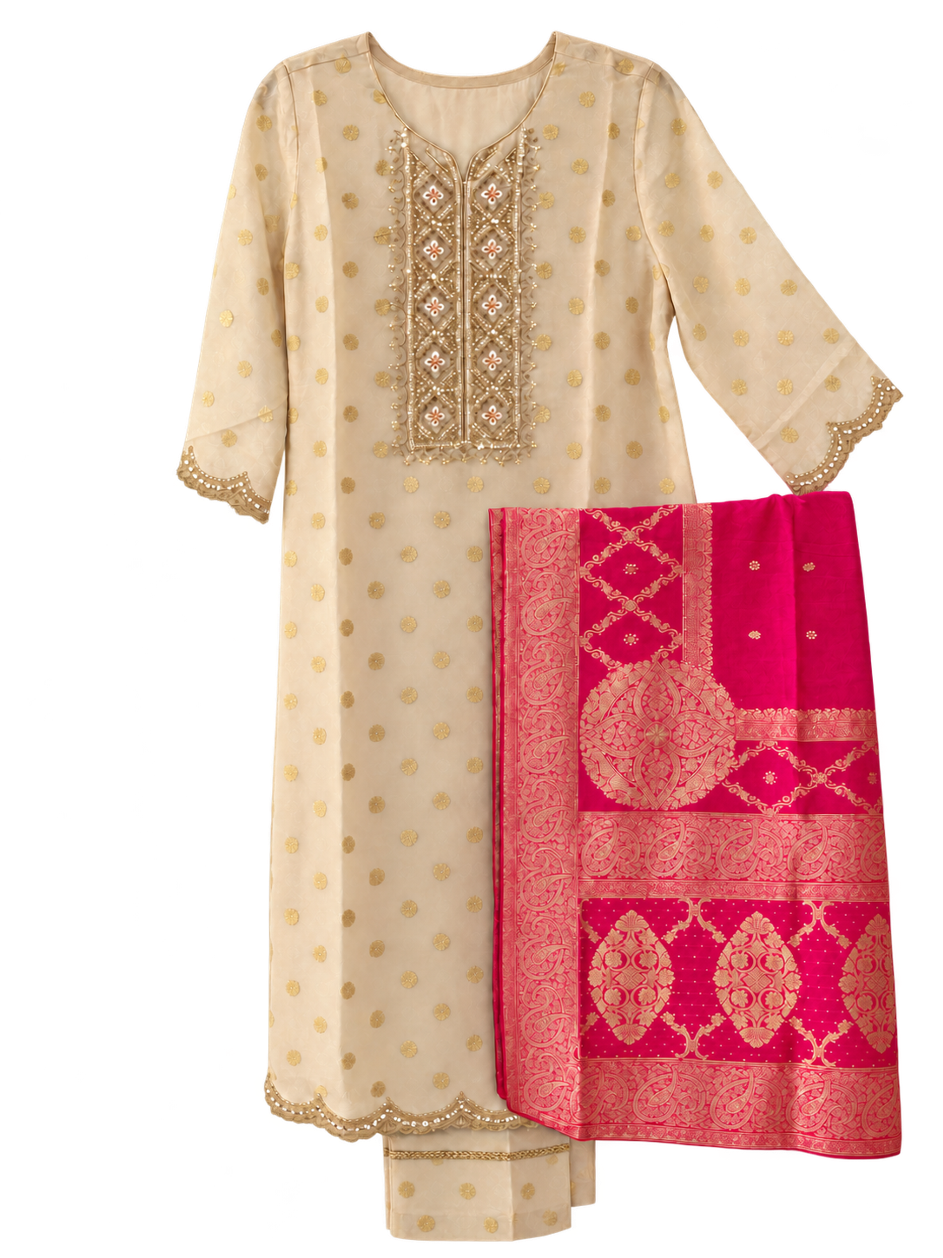 An ivory kurta suruwal with a decorated neckline, gold-trimmed trousers and a magenta woven dupatta.