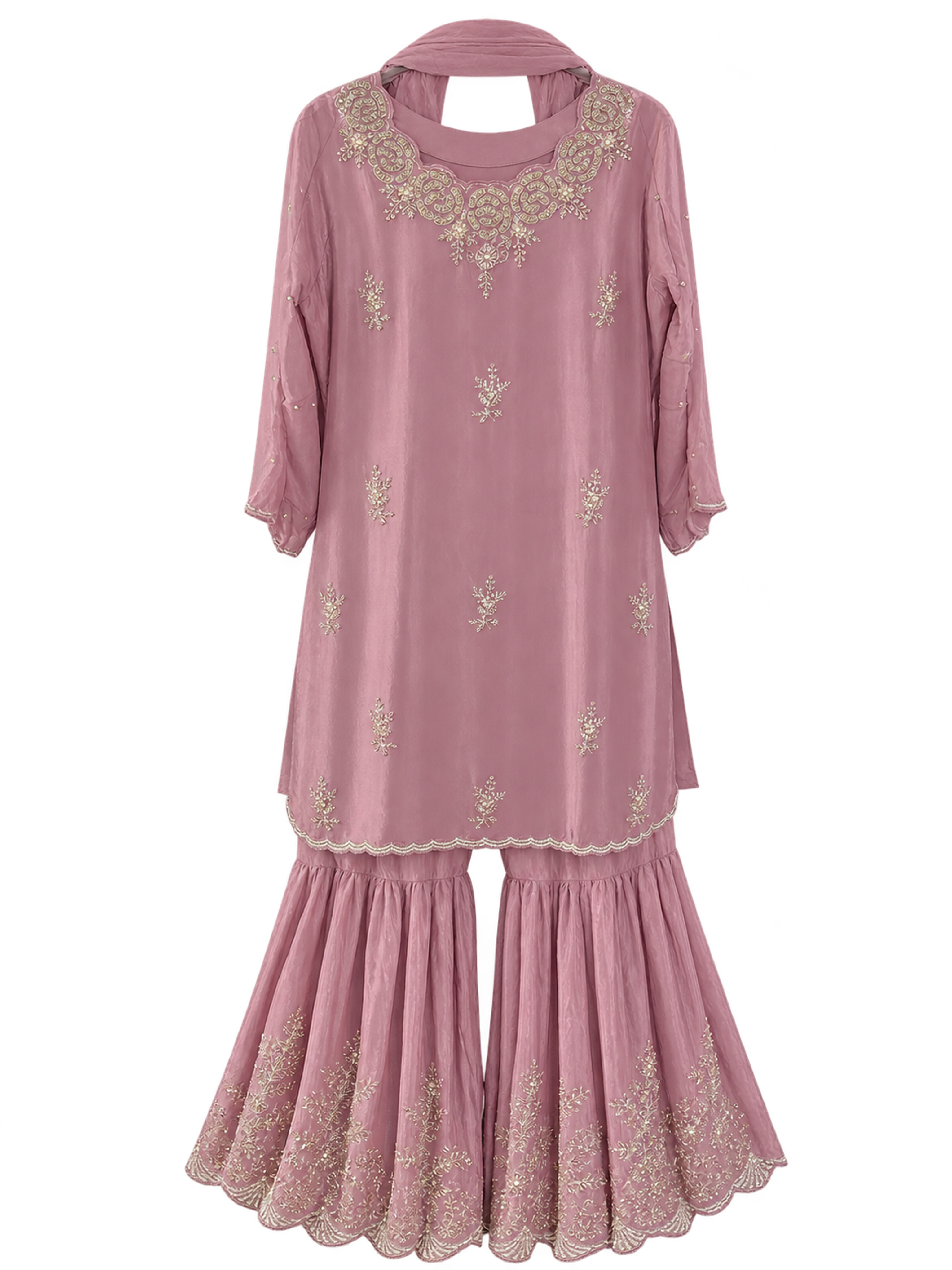 A mauve shimmer kurta with potey beadwork, a broad paisley neckline, flared sharara trousers and a plain dupatta.