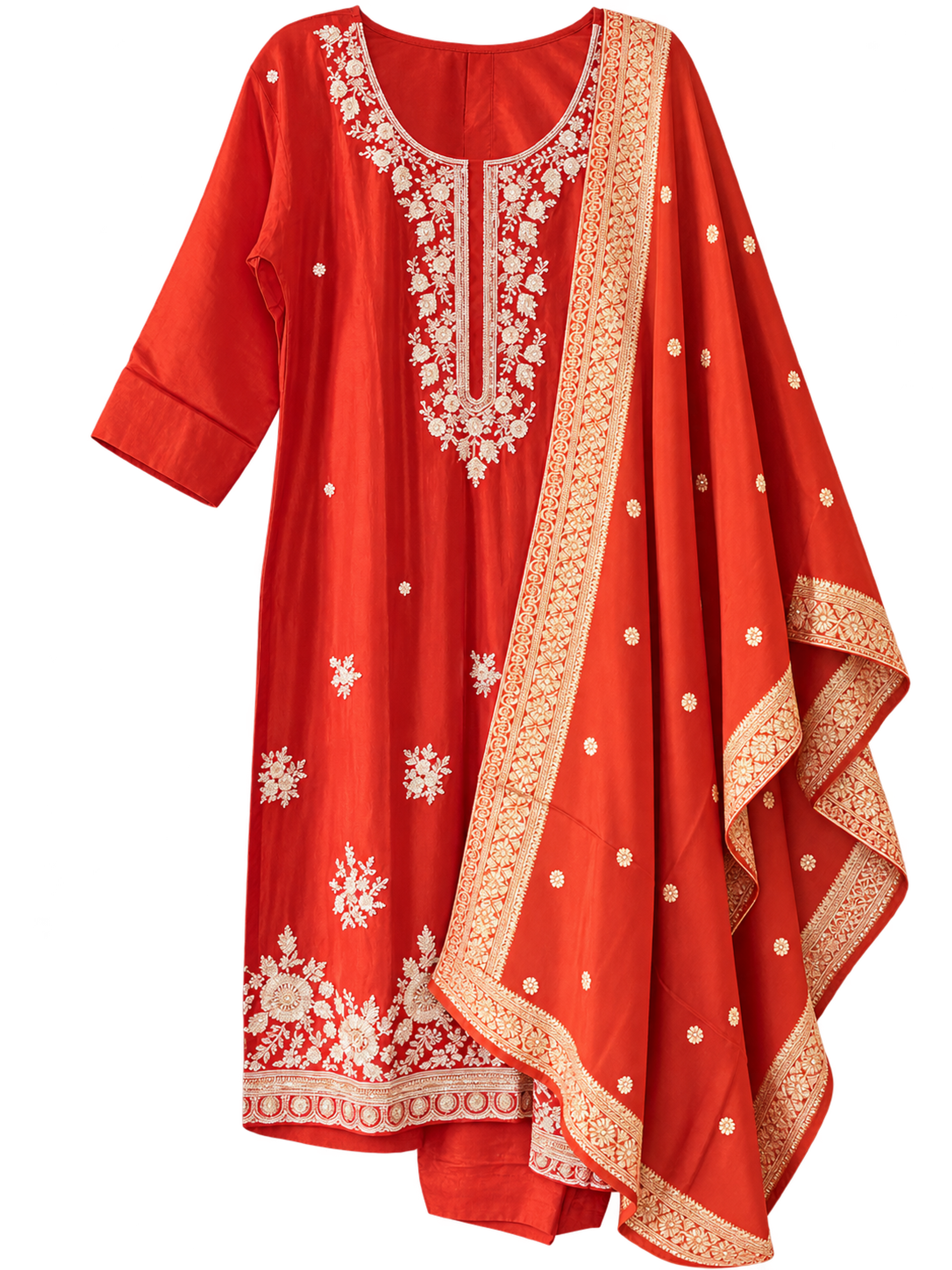 An orange-red kurta suruwal with floral embroidery and a matching dupatta with a broad gold border.