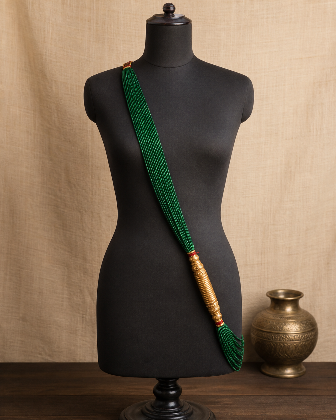 Long Chadke Tilhari worn diagonally with green potey strands and a gold-plated cylinder