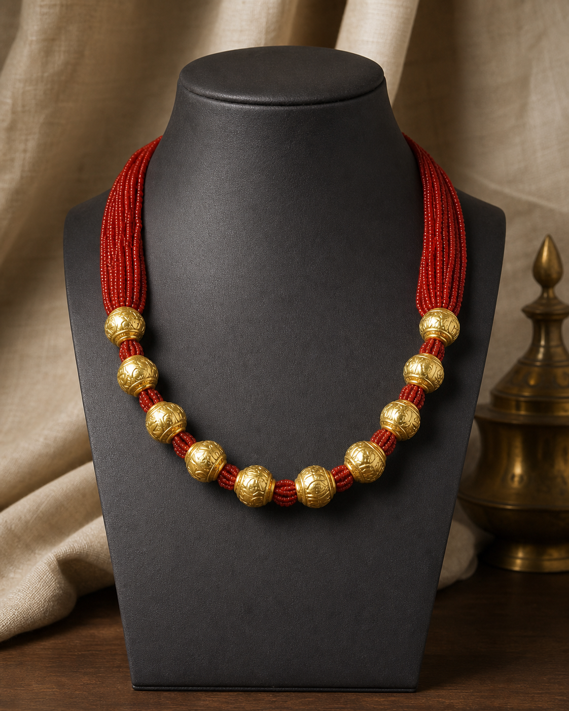 Naugedi necklace with nine gold-plated beads on red potey strands