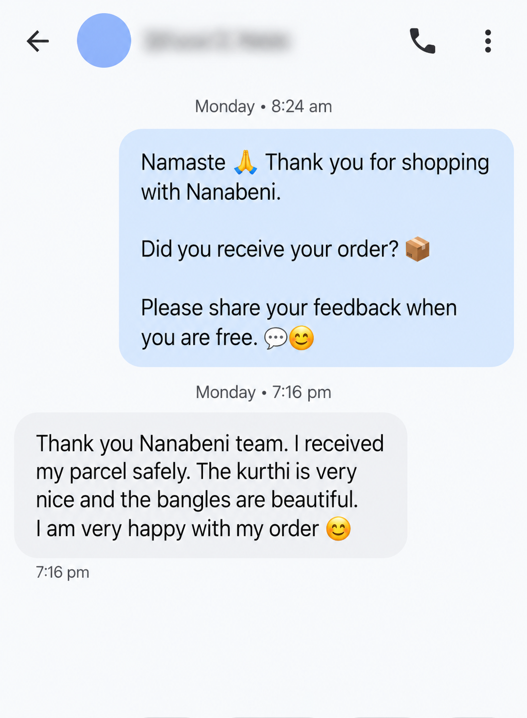 Customer chat excerpt saying the parcel arrived safely, the kurti was nice and the bangles were beautiful.